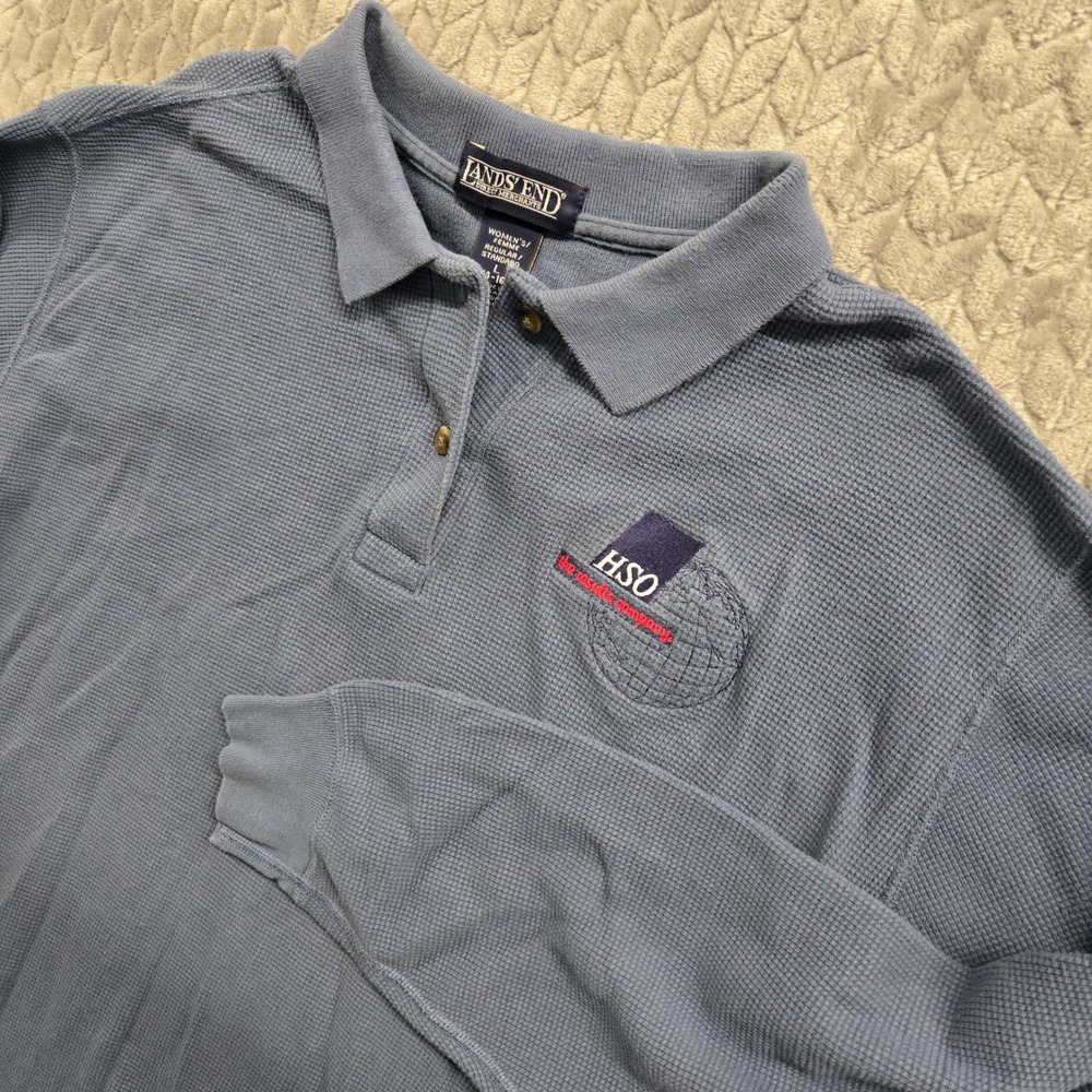 Lands' End Women's Blue Long Sleeve Waffle Knit Polo Shirt HSO Logo Large